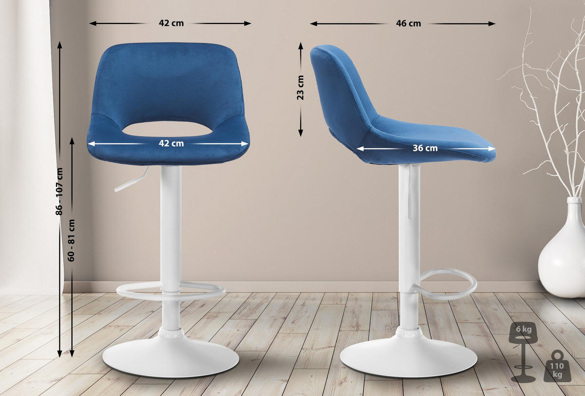 BARHOCKER 2er Set Samt blau - Blau/Weiß, Textil/Metall (42/86/46cm) - CLP