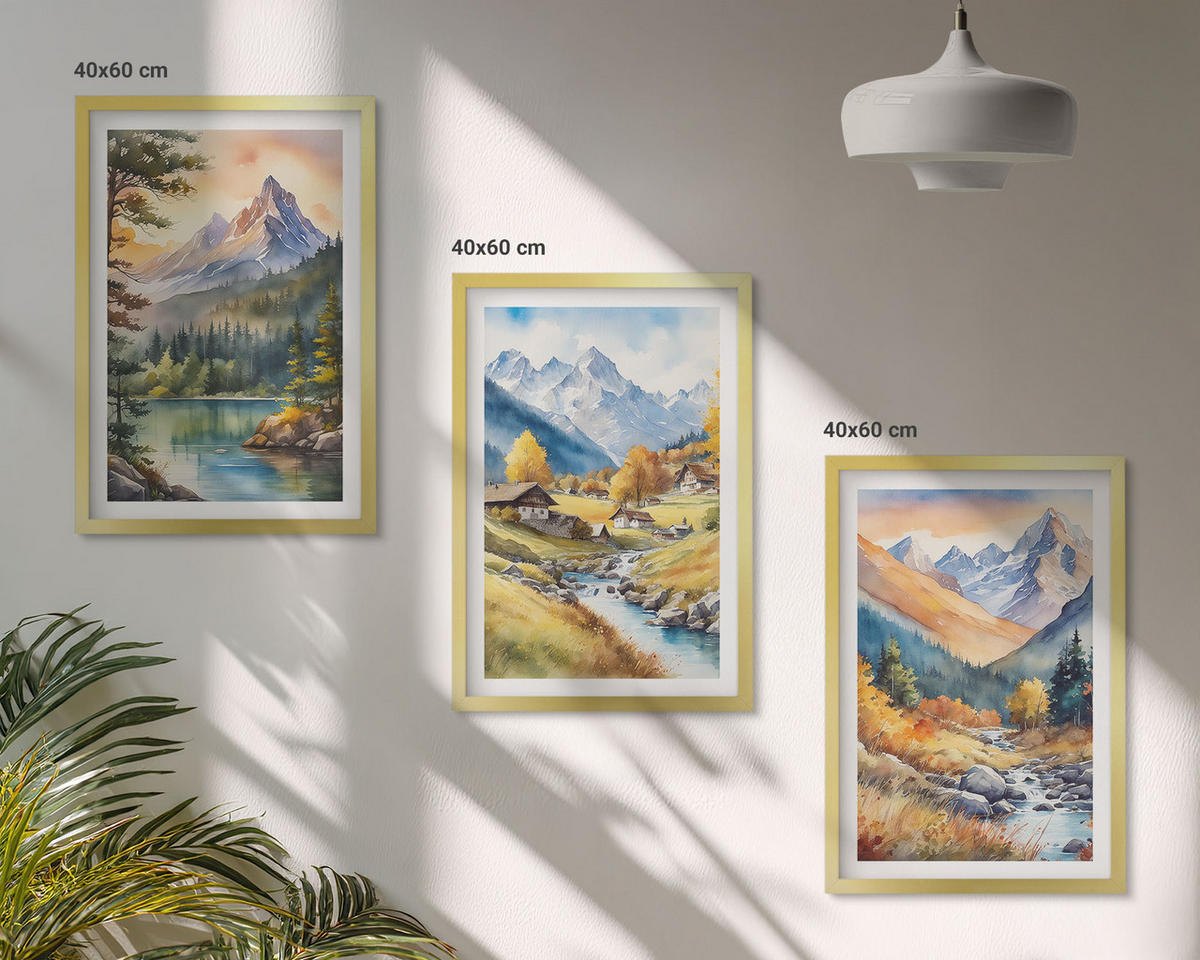 WANDBILDER 3er Set - 40x60 cm Goldrahmen - Berglandschaft mit einem Fluss - Goldfarben, Kunststoff (40/60cm) - ArtPrintCave