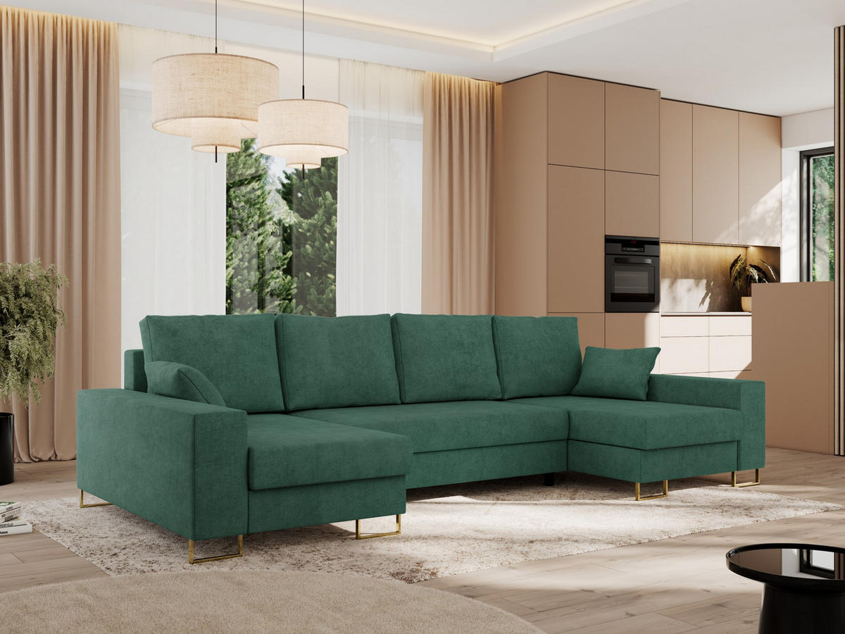 WOHNLANDSCHAFT DORIAN U Struktur Grün - Goldfarben/Grün, Textil/Metall (312/95/138cm) - MKS
