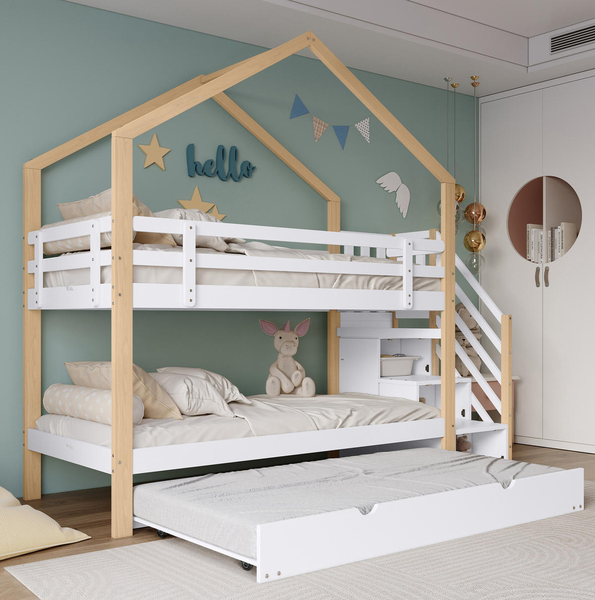 HAUSBETT 90/200 cm ausziehbar mit Treppe und Schubladen in Natur/Weiß - Weiß, Holz (90/200cm) - BEAOK