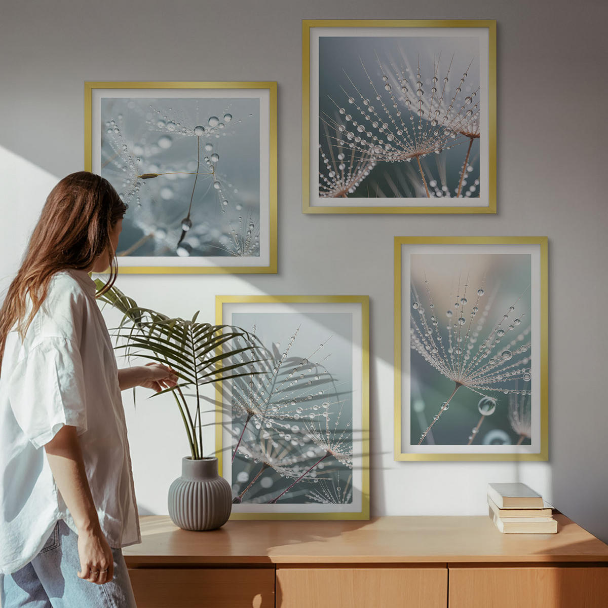 BILDER SET 4er Set - 50x50 cm & 40x60 cm Goldrahmen - Wassertropfen auf Löwenzahnsprossen - Goldfarben, Kunststoff (50/50cm) - TULUP