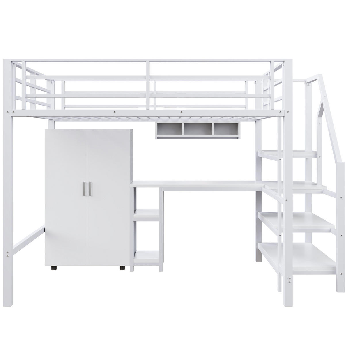 HOCHBETT 140/200 cm aus Metall/MDF mit Schreibtisch, Kleiderschrank und Regalen Weiß - Weiß, Metall (140/200cm) - Modenvie