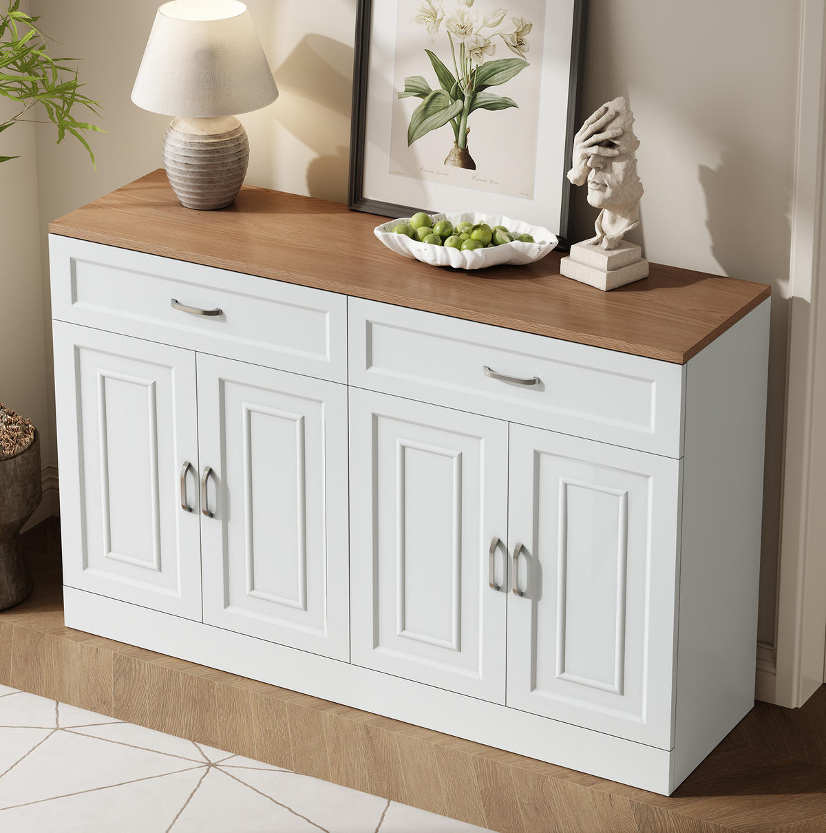 SIDEBOARD 120/35/80,5 cm mit 4 Türen & 2 Schubladen in Weiß und Holzoptik - Weiß, Holzwerkstoff (120/80.5/35cm) - BEAOK
