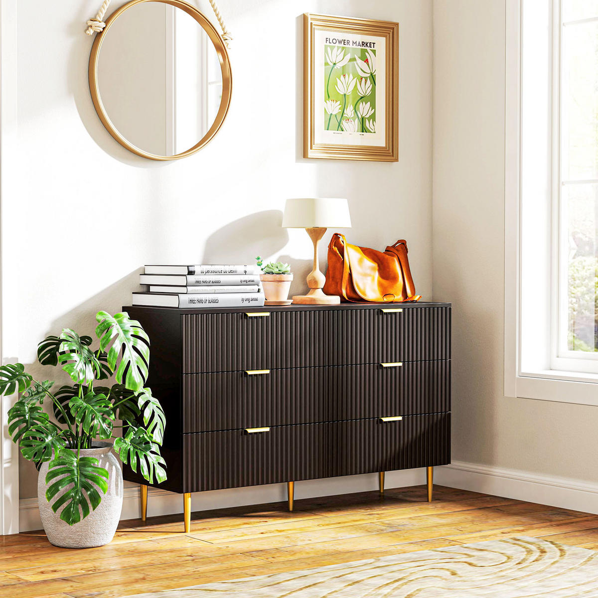 KOMOODE DE-12895 6 Schubladen, goldene Griffe und Füße Schwarz - Schwarz, Holzwerkstoff (120/76.5/40cm) - ComfortXL