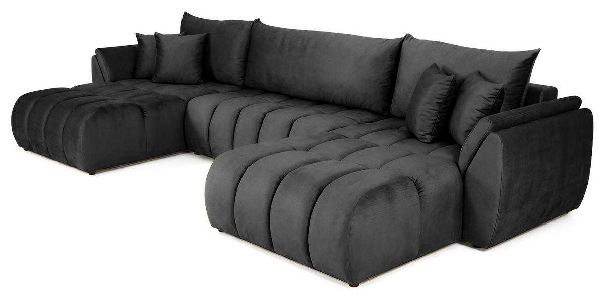ECKSOFA Iris U mit Schlaffunktion und Bettkasten, U-Form – Grau Samt 382/184/85 cm - Schwarz/Grau, Kunststoff/Textil (382/184cm) - WFL GROUP