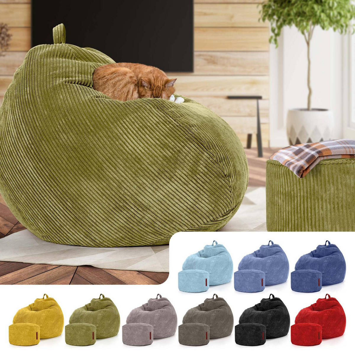 XXL-SITZSACK 2er Set + Pouf - Cordstoff - Grün, Textil (90/110/90cm) - Green Bean