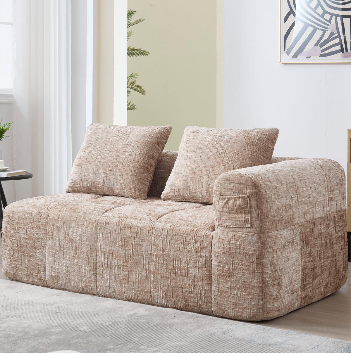 2-SITZER-SOFA 158/90/60 cm khaki aus Chenille mit Seitentaschen - Sandfarben, Textil (60/158/90cm) - Modenvie