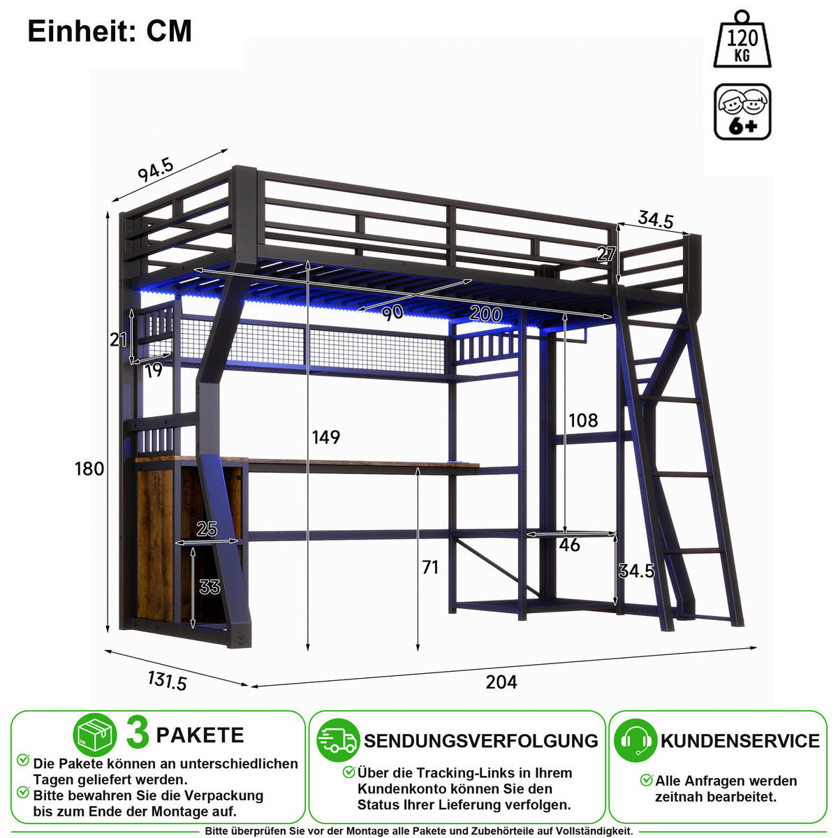 HOCHBETT 90/200 cm in Schwarz mit Lichtleiste, Steckdose, Schreibtisch und Staufächern aus MDF und Metall - Schwarz, Holzwerkstoff/Metall (90/200cm) - CHICFURN