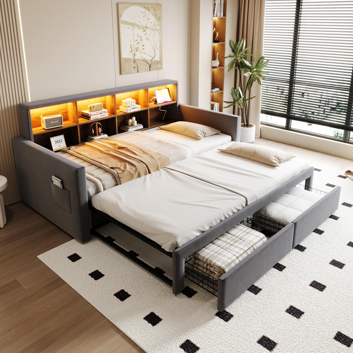 POLSTERBETT 90/190 cm Dunkelgrau aus Samt mit LED-Beleuchtung und Stauraum - Dunkelgrau, Textil (90/190cm) - OKWISH