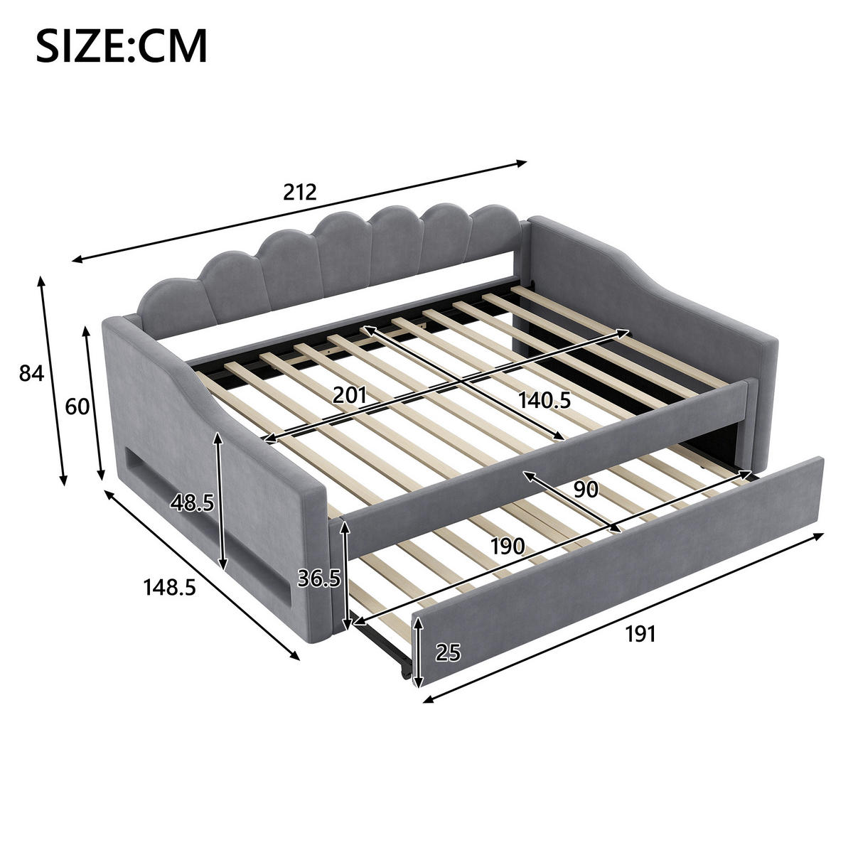 POLSTERBETT aus MDF, Sperrholz und Leinen 140x200 cm Grau mit LED-Beleuchtung und Ausziehbett - Grau, Holzwerkstoff (140/200cm) - Modfu