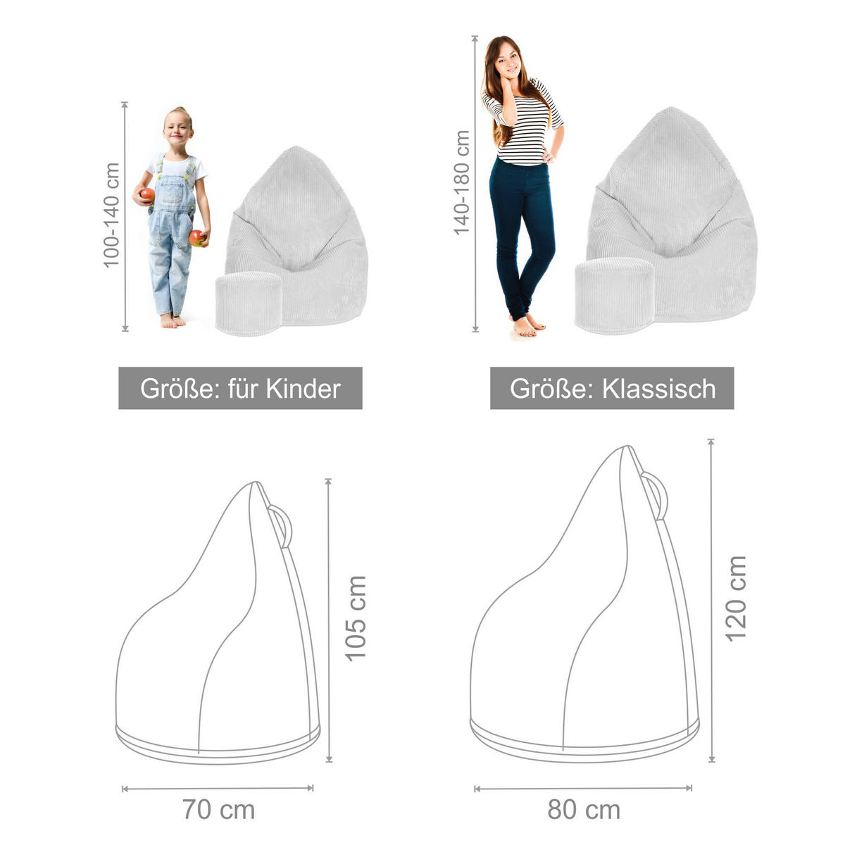 SITZSACK MIT FUßSTÜTZE Kordsamt 2-tlg Storm Gray M - Hellgrau/Grau, Textil (80/120/80cm) - Dreamroots