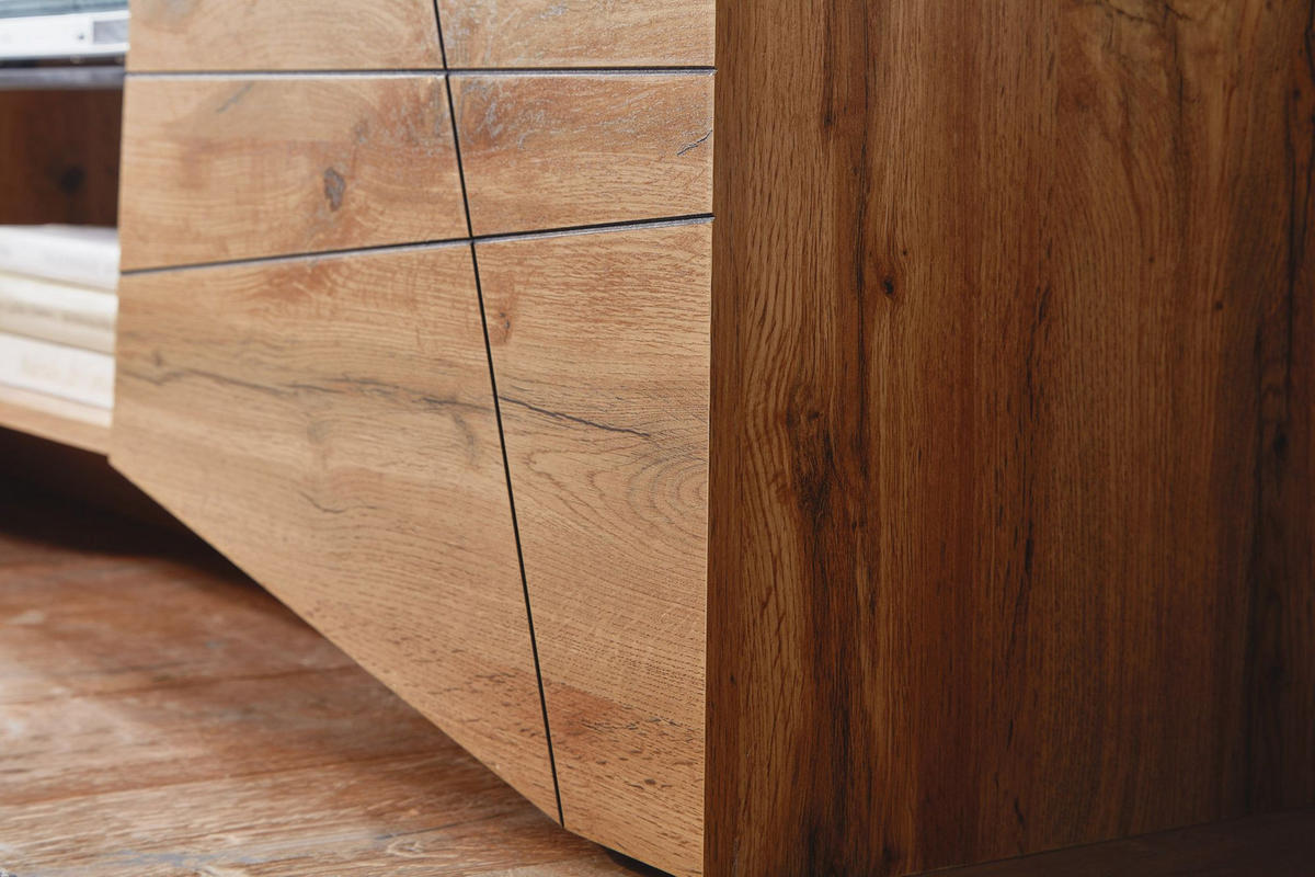 LOWBOARD Eiche-Dekor Modern Stil für 70-Zoll Fernseher mit Glasablage - Braun, Holz (160/50/40cm) - KADIMA DESIGN