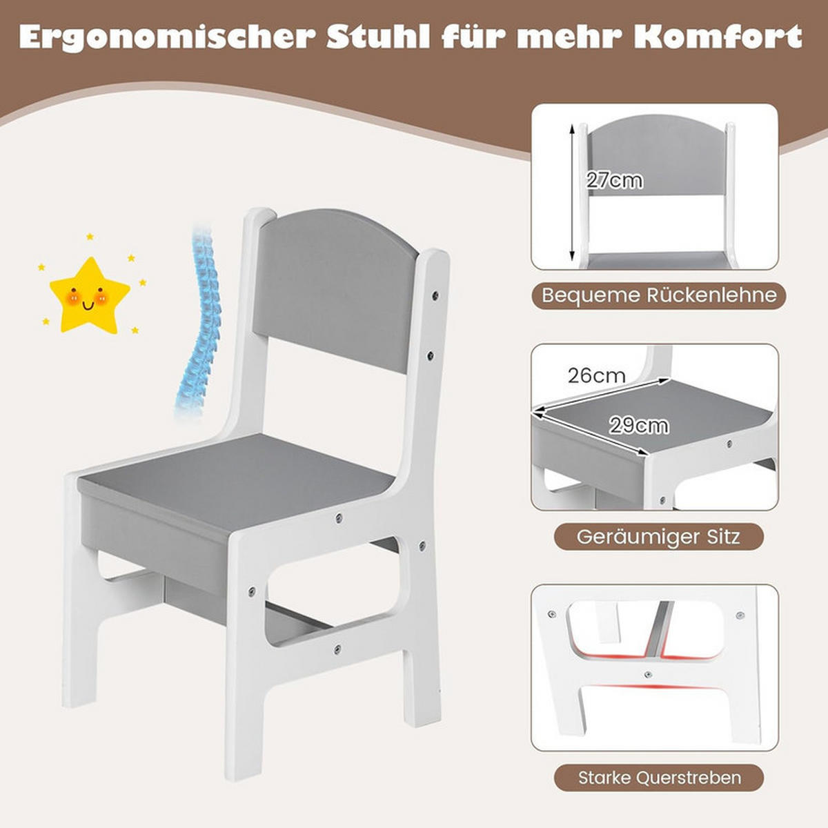 KINDERTISCHE mit Stühlen grau(3-tlg) - Grau, Holzwerkstoff (71/50/48cm) - COSTWAY