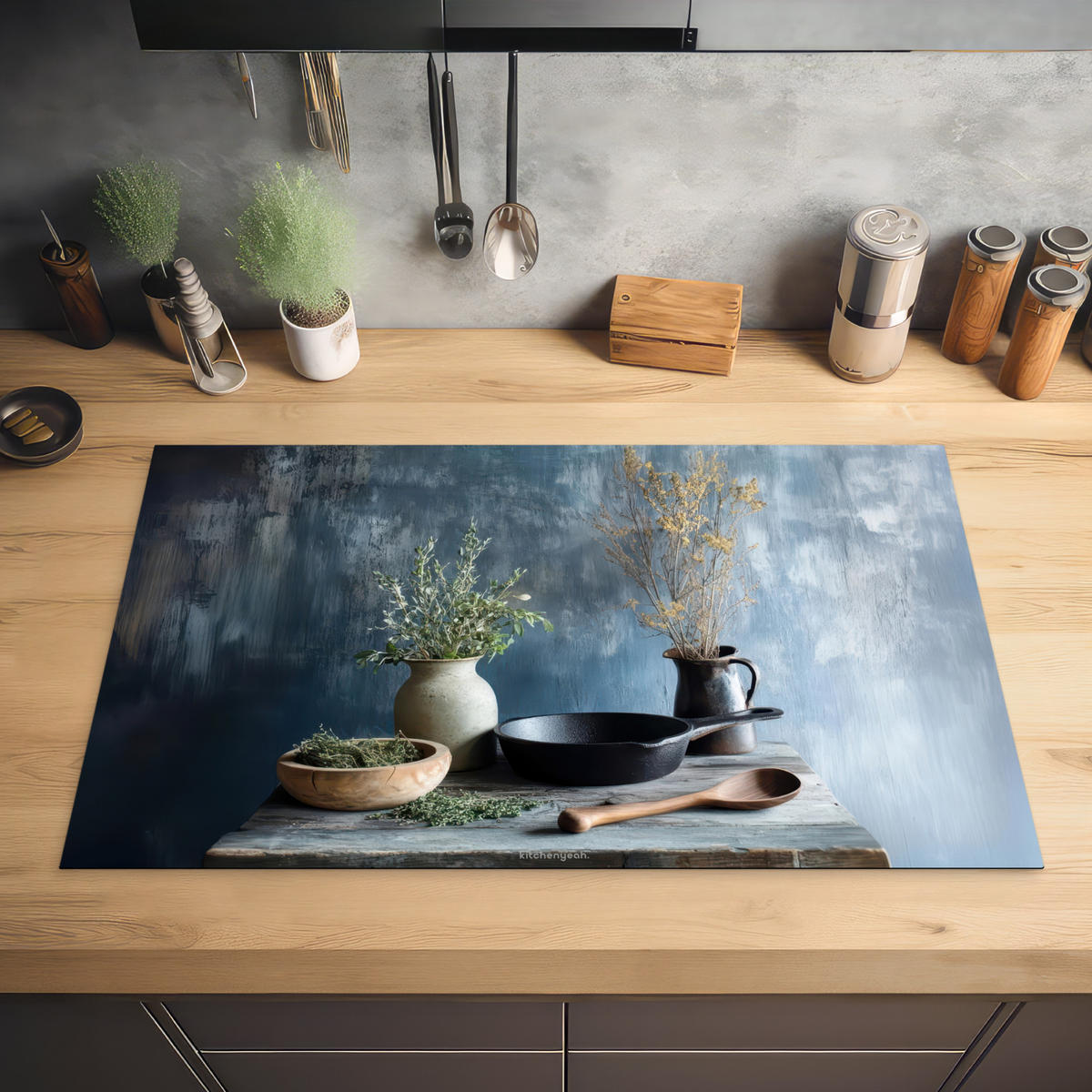 HERDABDECKPLATTE Stilleben - Kräuter - Rustikal Ceranfeldabdeckung 85x52 cm - Blaugrau, Kunststoff (85/52/0.2cm) - MuchoWow