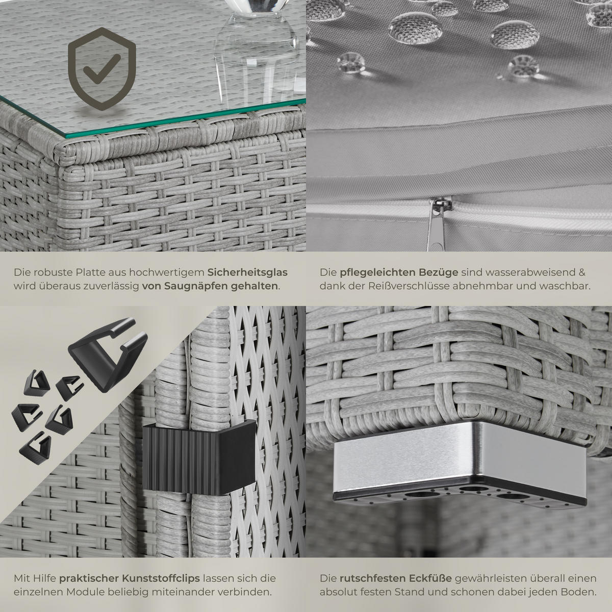 RATTANLOUNGE Florenz,mit Sicherheitsglasplatte,hellgrau/dunkelgrau - Dunkelgrau/Hellgrau, Kunststoff - tectake