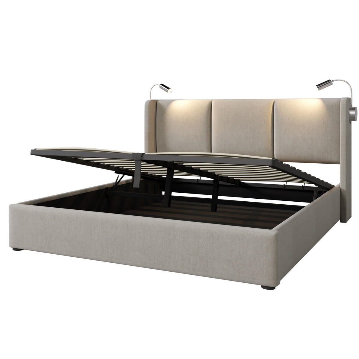 BETT mit Bettkasten 140x200 cm Leinen Beige mit Leselicht und USB - Beige, Metall (140/200cm) - Meubliv