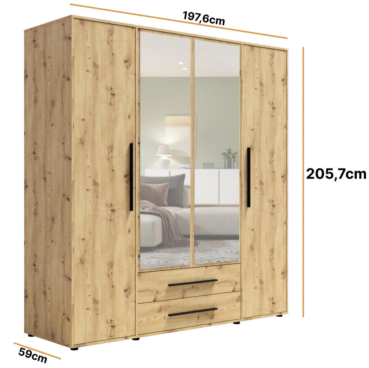 KLEIDERSCHRANK Modena in der Farbe Artisan-Eiche, mit Spiegel, mit Tür, mit Türen und Schubladen - Schwarz/Eiche Artisan, Holzwerkstoff/Kunststoff (200/206/59cm) - Ravio