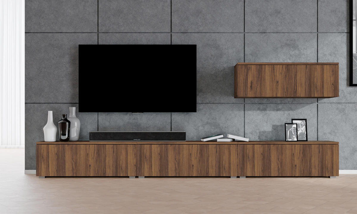 WOHNWAND Loriano IV Nussbaum Warmia 300/70,5/32 cm – Hängend und Stehend - Nussbaumfarben, Holzwerkstoff/Kunststoff (300/70.5/32cm) - AX Living