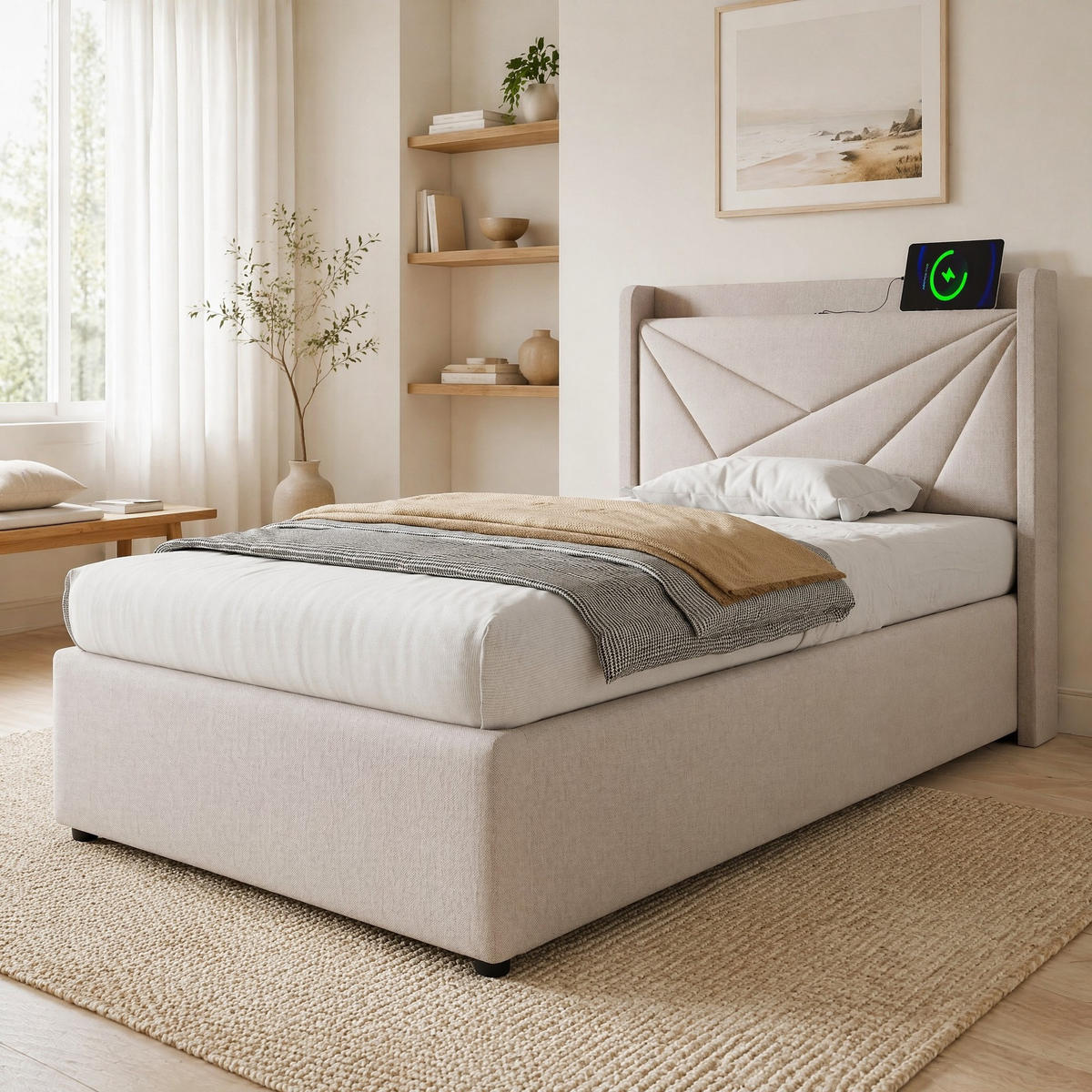 POLSTERBETT 90/200 mit Bettkasten, USB und Type-C in Natur - Beige, Holzwerkstoff/Textil (90/200cm) - EVRYAE