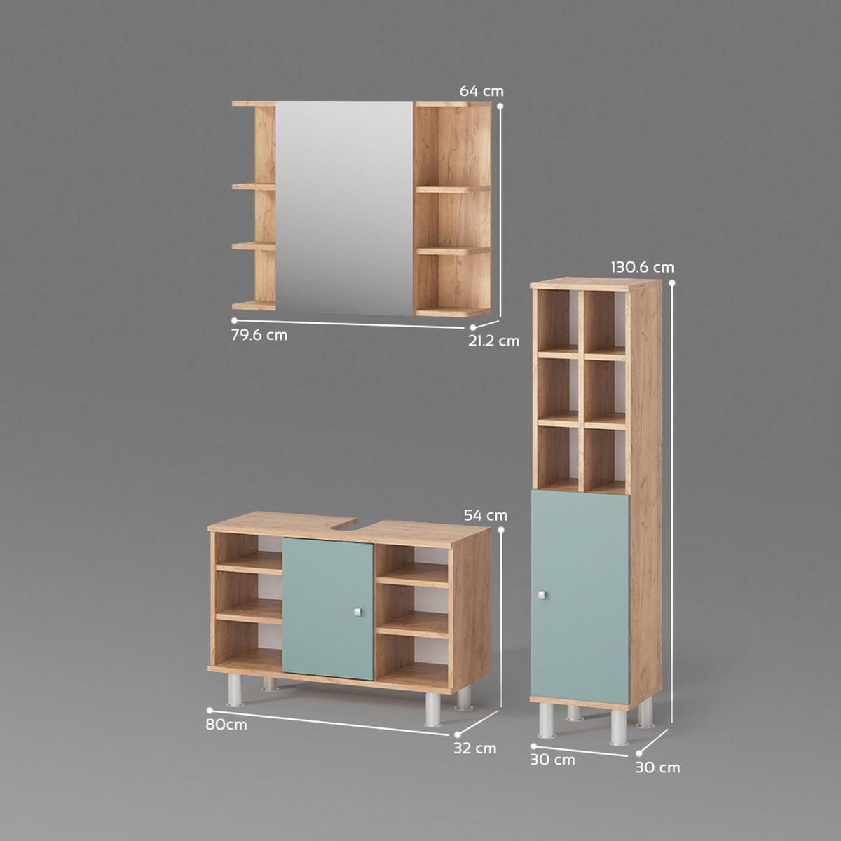 BADMÖBEL-SET Fucino Grün 3 Teile, mit Midischrank Tür groß - Eiche Wotan/Grün, Holzwerkstoff (80/54/32cm) - Livinity®