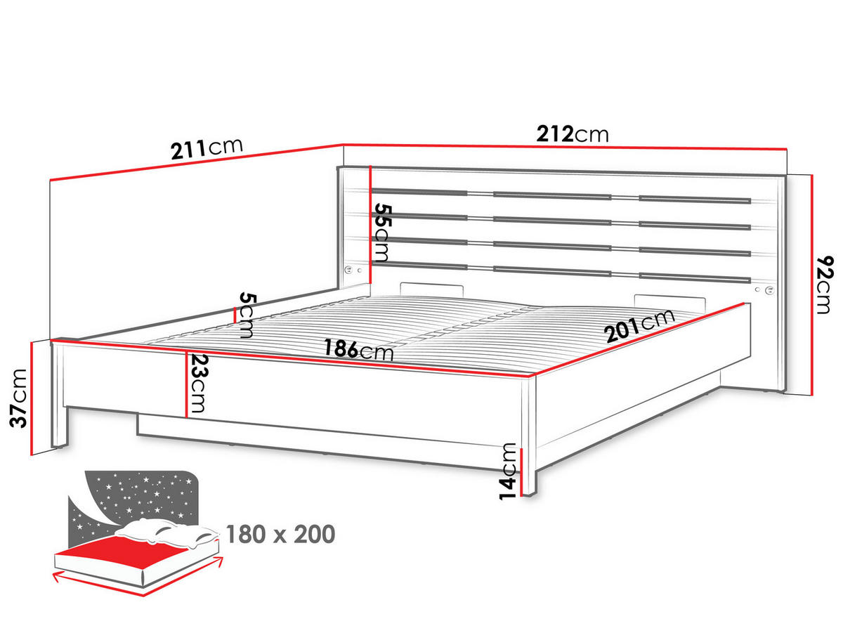 BETT Enna EN-02 - Sandfarben/Schwarz, Holzwerkstoff/Kunststoff (180/200cm) - MIRJAN24