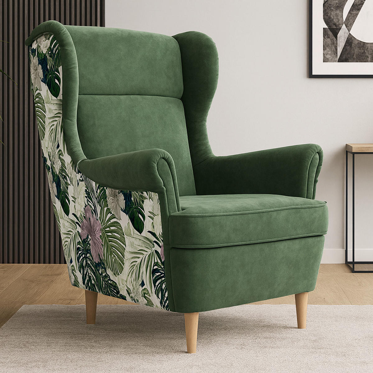 OHRENSESSEL Havana im skandinavischen Stil, Dunkelgrün - Dunkelgrün/Buchefarben, Holzwerkstoff (82/102/92cm) - Beautysofa