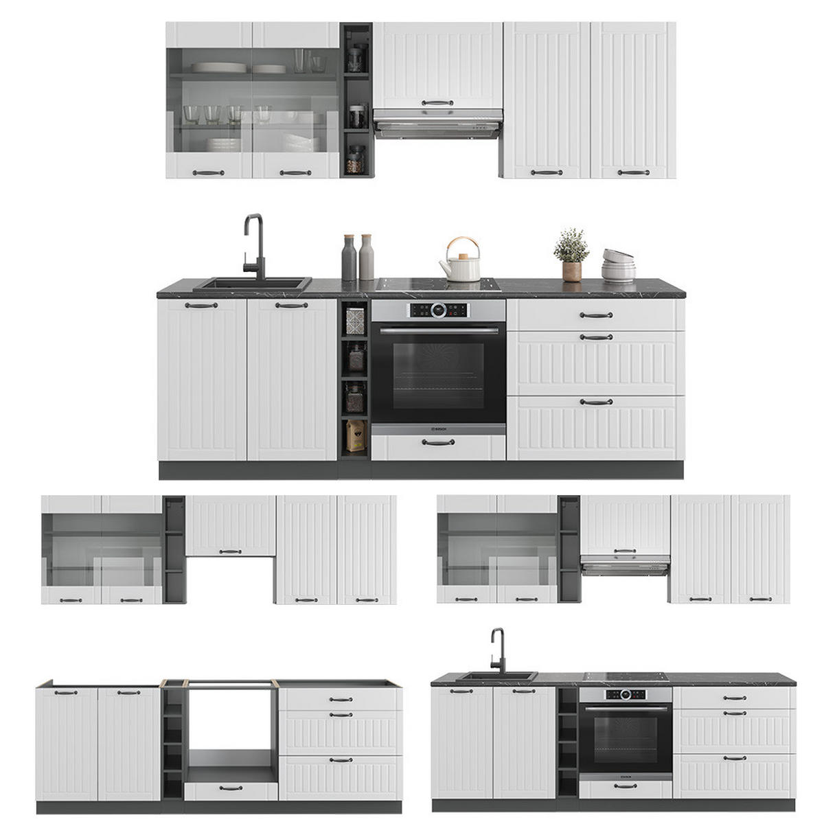 KÜCHENZEILE Fame-Line Weiß Landhaus/Anthrazit 235 cm ohne AP - Anthrazit/Weiß, Holzwerkstoff (235/81.6/46cm) - Vicco