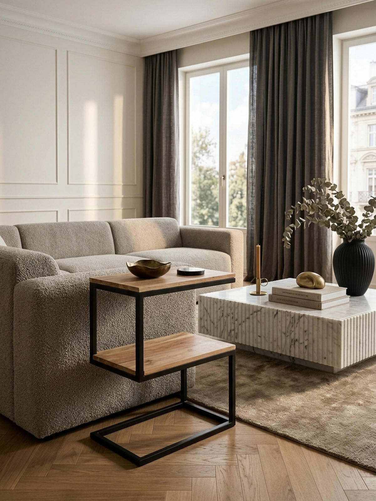 BEISTELLTISCH Massivholz S-Design Metallgestell Ablageflächen INDI, Beige 45x30x60 cm - Beige/Schwarz, Holz/Metall (30/45/60cm) - KADIMA DESIGN