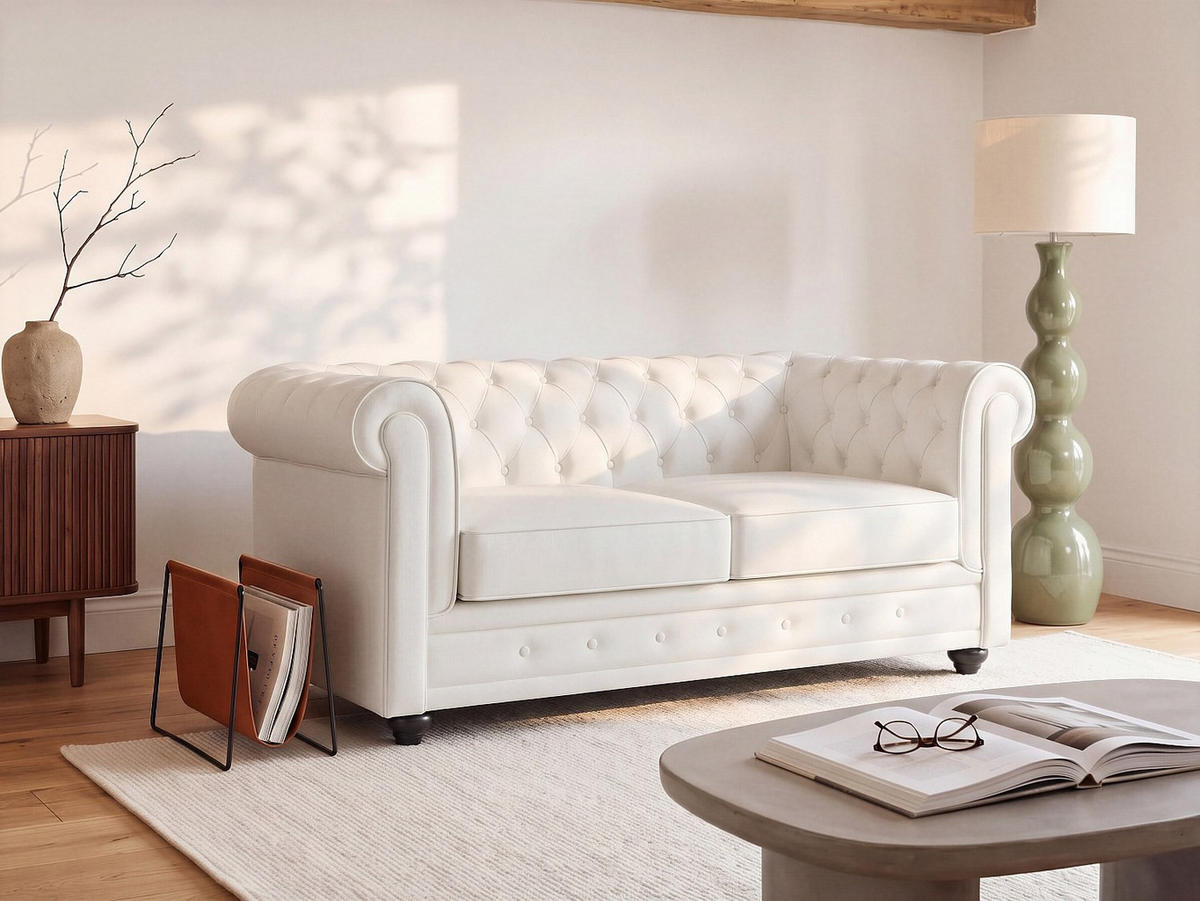 SOFA - 2 Personen - leder - weiß Chesterfield - Weiß, Leder/Holz (165/72/88cm) - Vente-Unique