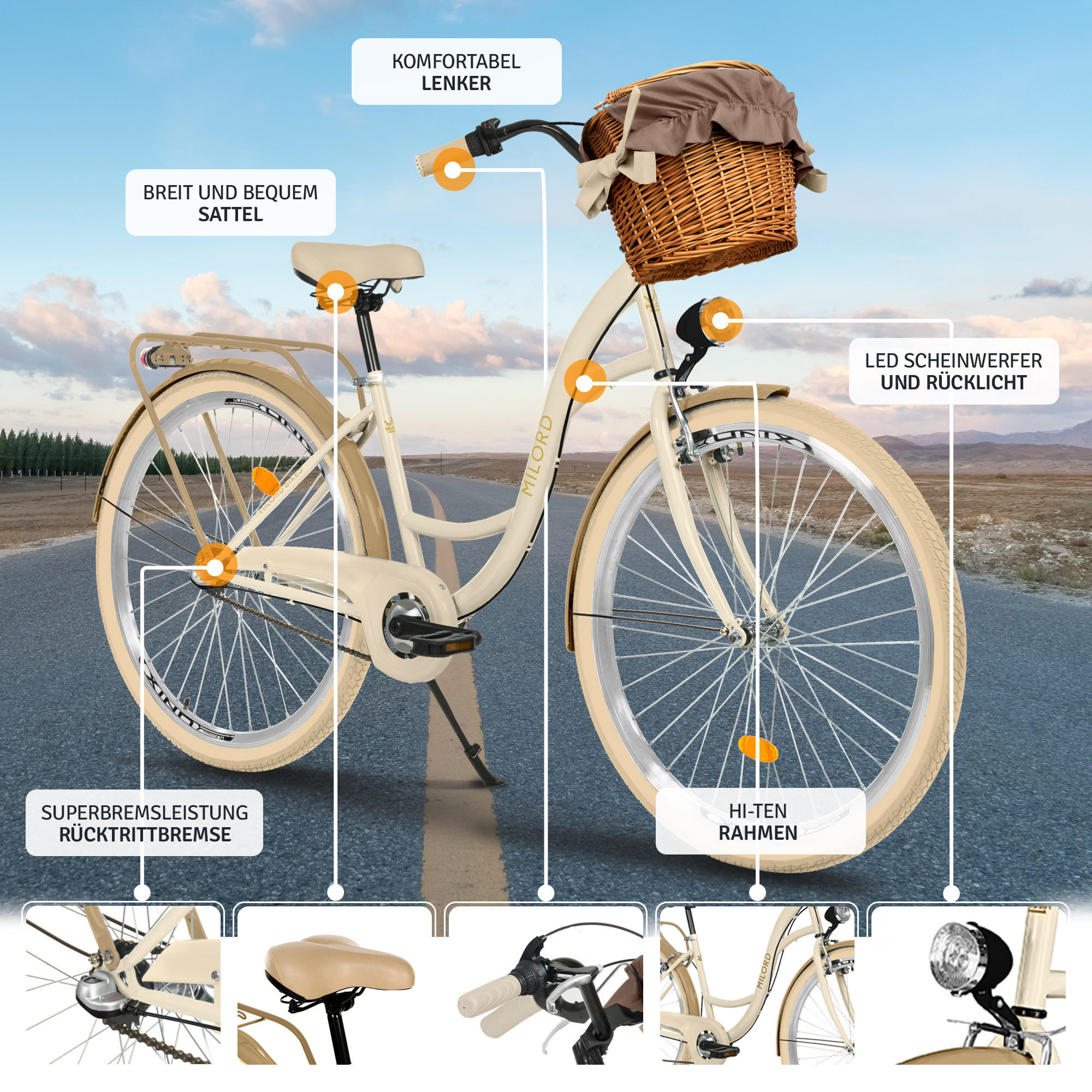 CITY-FAHRRAD Milord mit Weidenkorb, 28 Zoll, Creme-Braun, 3-Gang - Creme/Braun, Metall (46cm) - Milordbikes