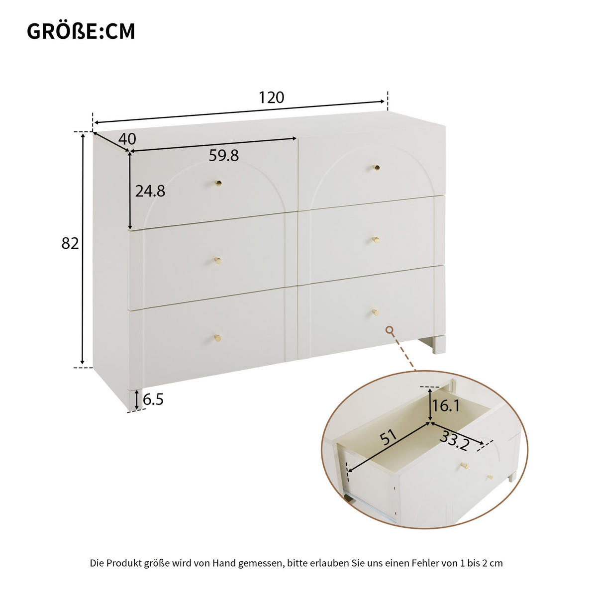 KOMMODE 120/82/40 cm Weiß aus Spanplatte mit 6 Schubladen - Weiß, Holzwerkstoff (40/82/120cm) - OKMYHOME