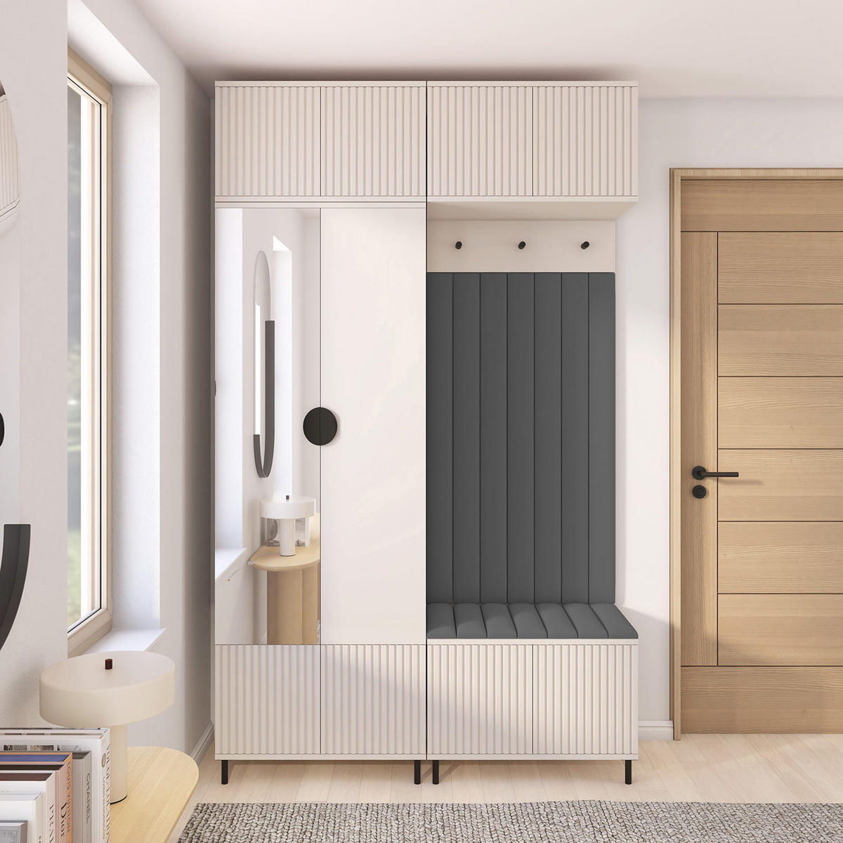 GARDEROBE Ritmo version 2 mit Spiegel, mit POLSTERPANEELEN DUNKELGRAU - Dunkelgrau/Beige, Holzwerkstoff (140/235/40cm) - Jerpax