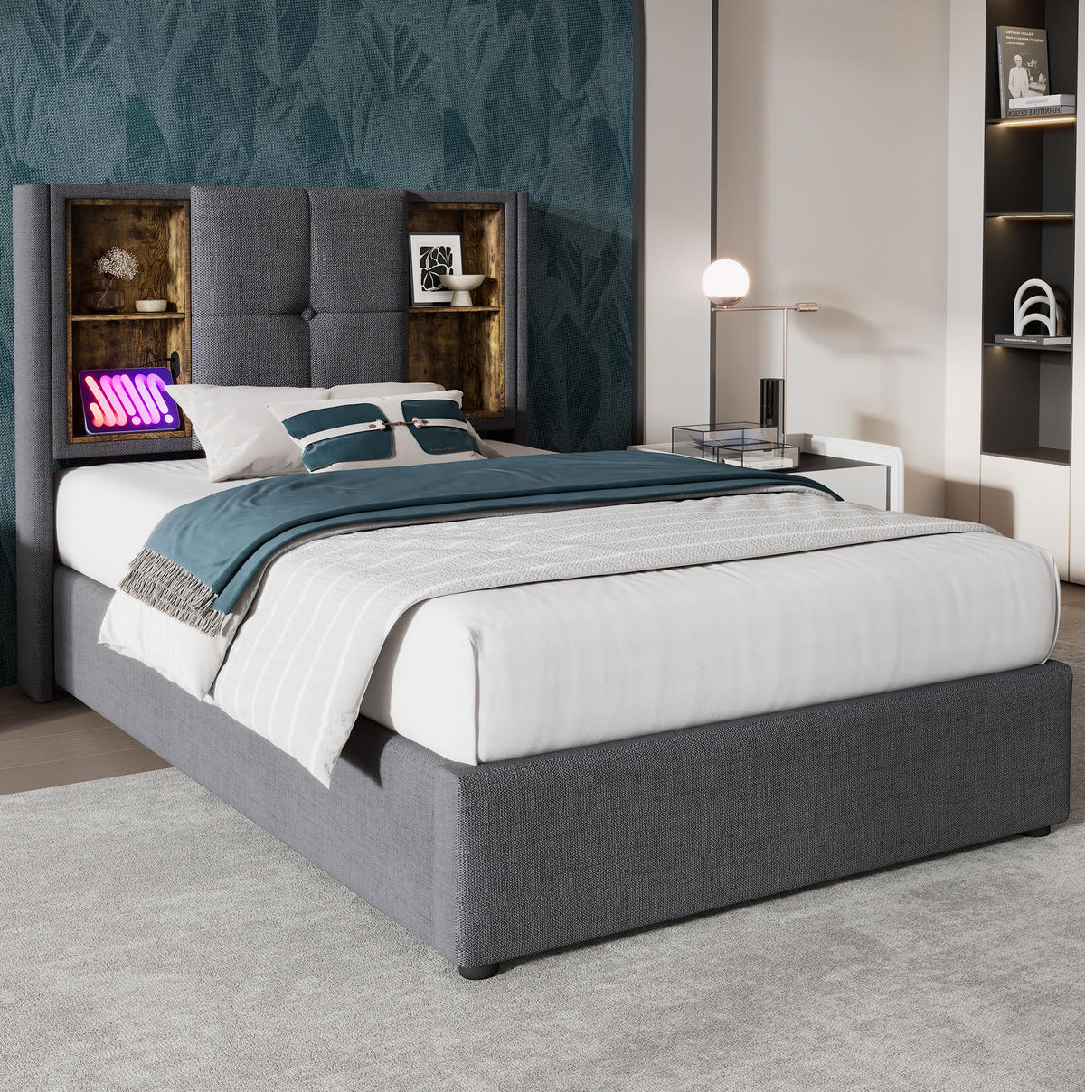 POLSTERBETT 90/200 cm Grau mit Stauraum, USB- und Type-C-Anschlüssen - Grau, Textil (90/200cm) - Flora Grace