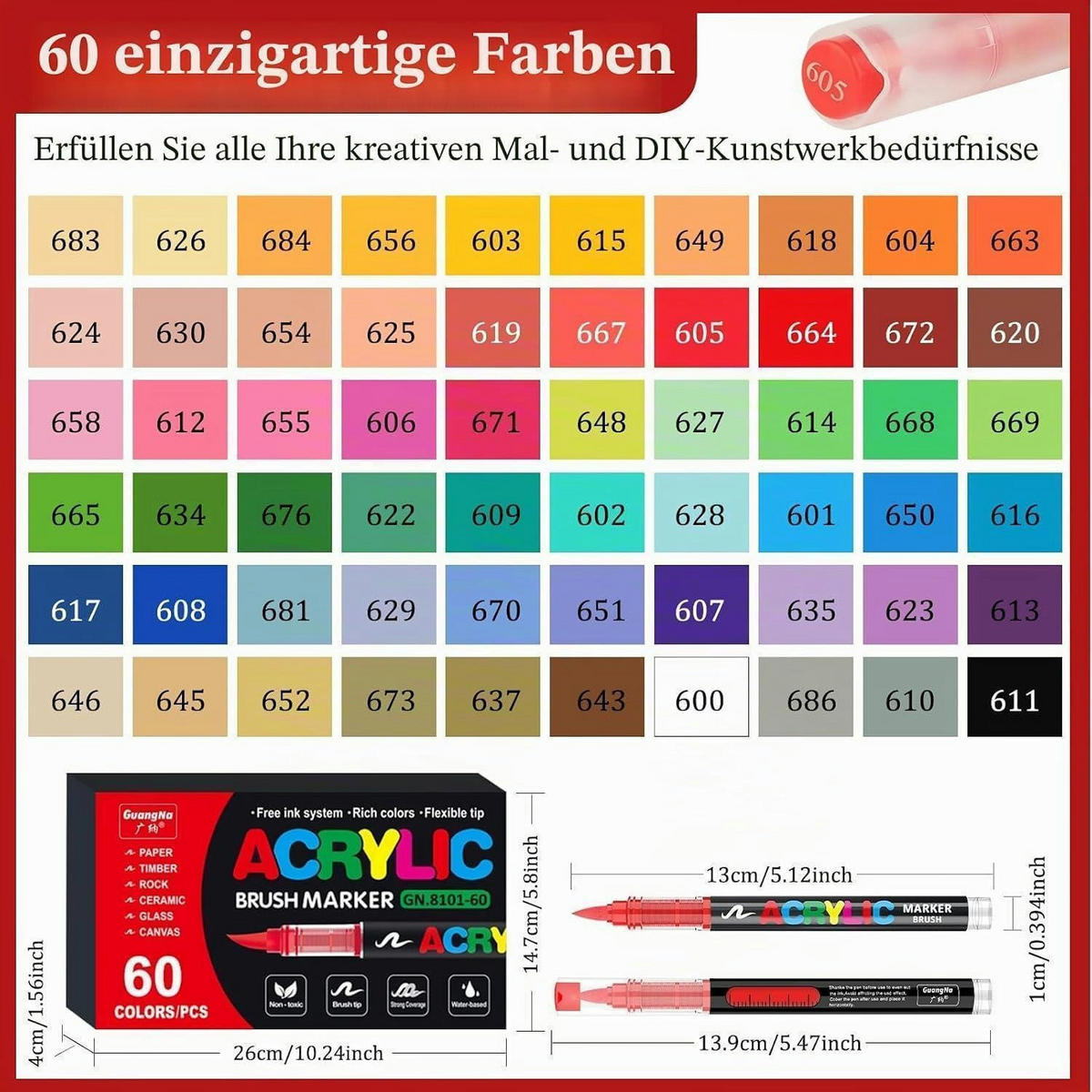 ACRYLSTIFTE 60 Farben Set mit flexibler Pinselspitze - Multicolor, Kunststoff (3.9/26/15cm)
