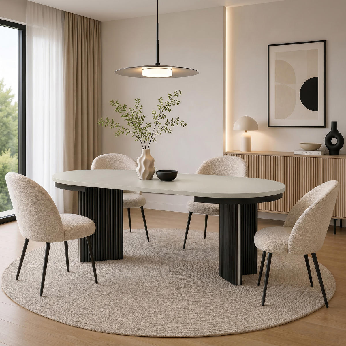 JÍDELNÍ STŮL Prestige, kulatý designový stůl, rozkládací Ø 100–180 cm, kašmír + kašmír / černá - černá/kašmírová, kov (100/100/77cm) - Beautysofa