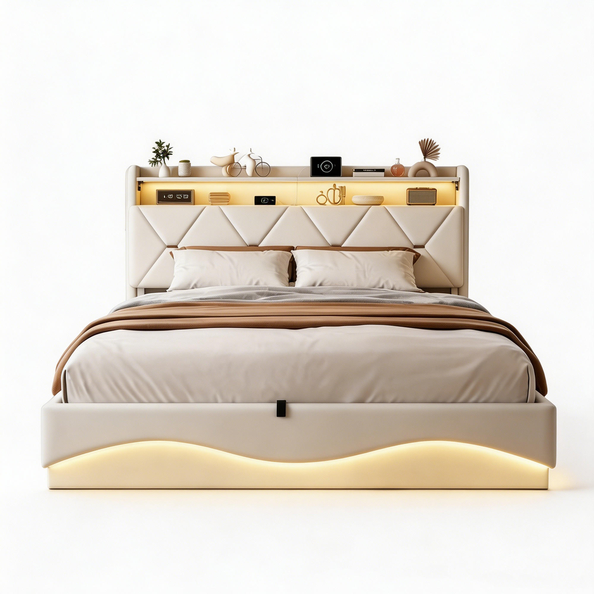 STAURAUMBETTEN 160 x 200, Doppelbett mit Bettkasten und Lattenrost, Kopfteil, LED, USB, Samt, beige - Beige, Holzwerkstoff/Textil (160/200cm) - GENKI LIVING