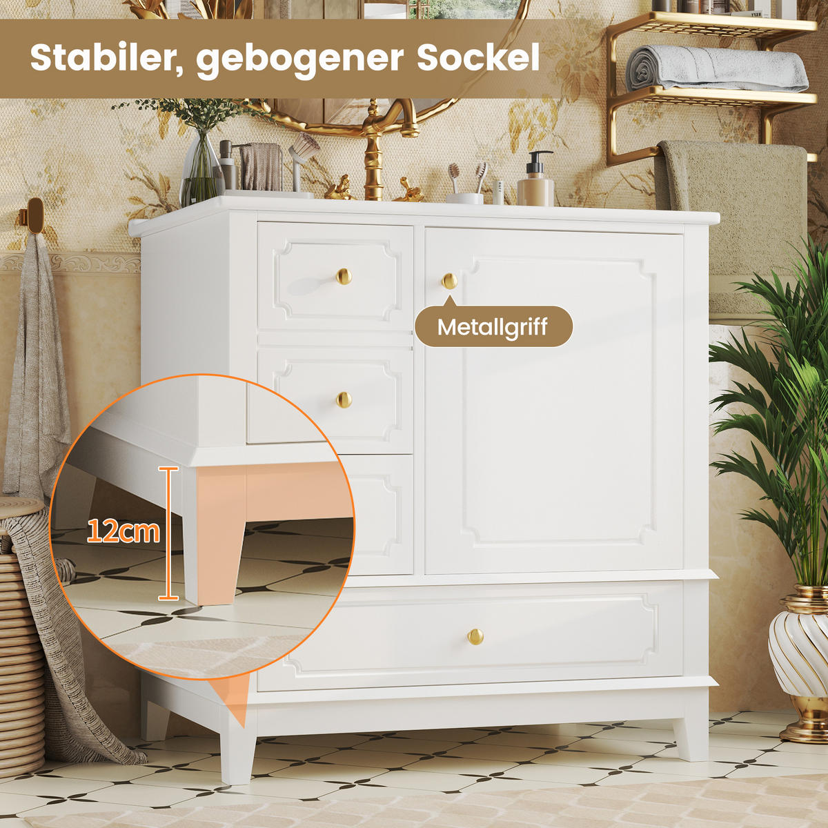 WASCHTISCHUNTERSCHRANK 76cm Keramik Waschbecken Gold Weiß - Weiß, Holzwerkstoff (76.5/87.5/47cm) - FLIEKS