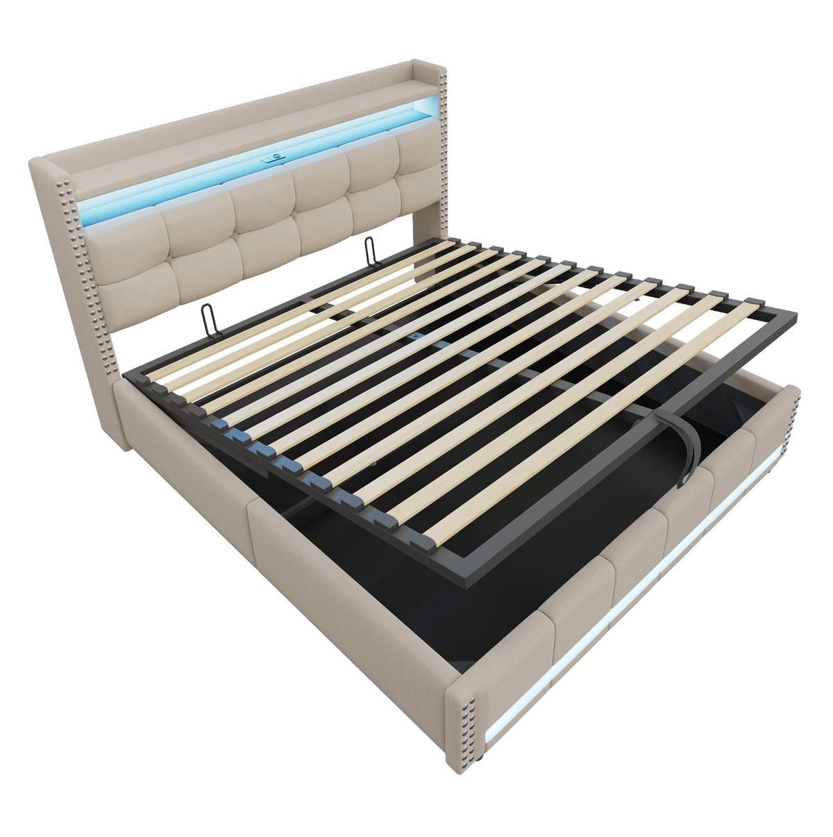 POLSTERBETT mit Stauraum und LED 180x200 cm Beige - Beige, Metall (180/200cm) - Meubliv