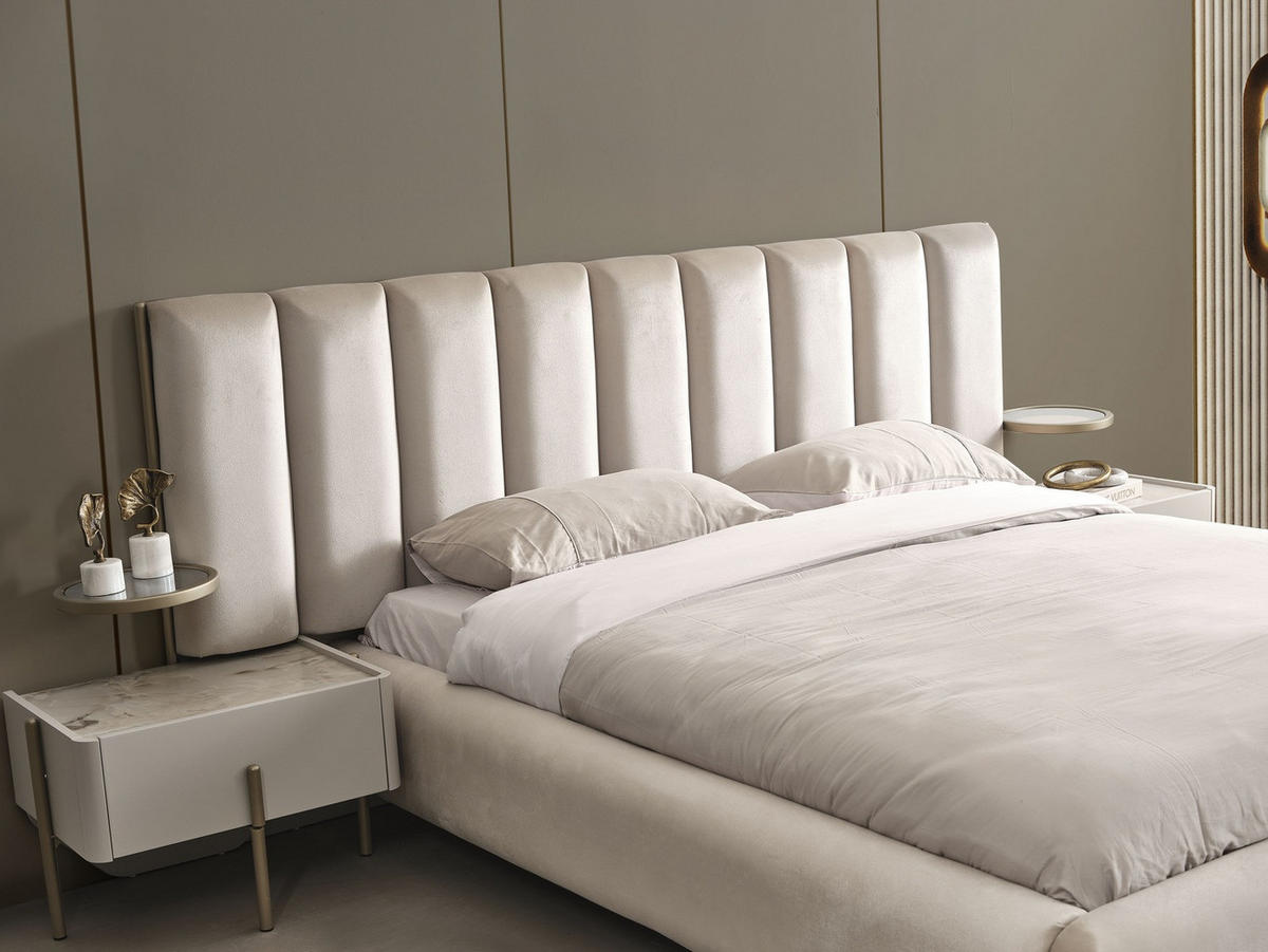 BETTANLAGE VEGA Schlafzimmer-Set, 5-teilig, Beige, Bett mit Kopfteil, 2 Nachttische, Kleiderschrank und Kommode - Beige, Holzwerkstoff (160/200cm)