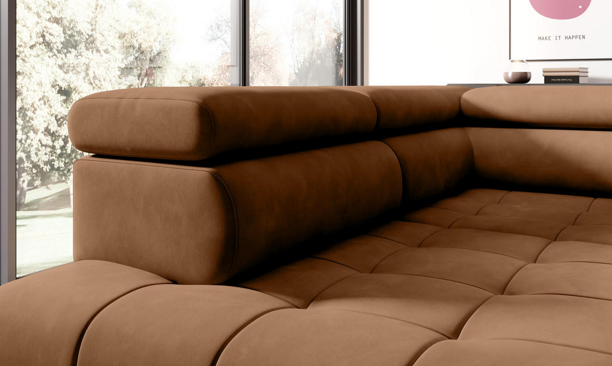 ECKSOFA CHIVAS Freistehend , Schlaffunktion, 278×197×76/98 cm, Stoff - Element, Hellbraun, Rechts Seite - Hellbraun/Schwarz, Holz/Textil (197/278cm) - DomoHome