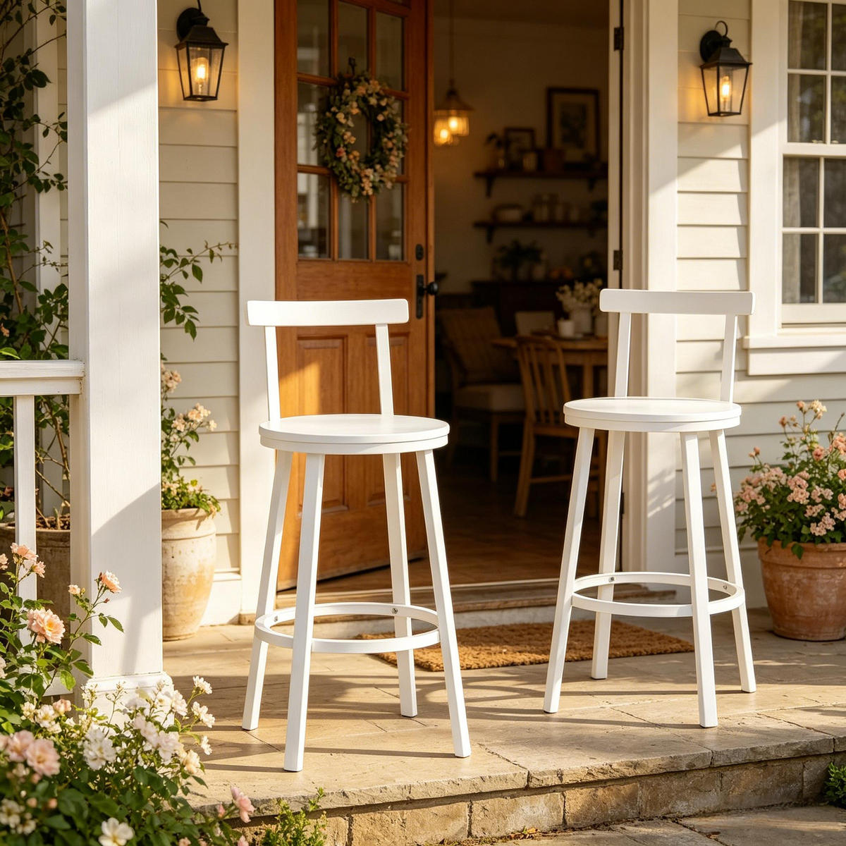 BARHOCKER 2er-Set Weiß mit gebogener Rückenlehne und Fußring - Weiß, Holzwerkstoff (51.5/89/51.5cm) - PANGIVO