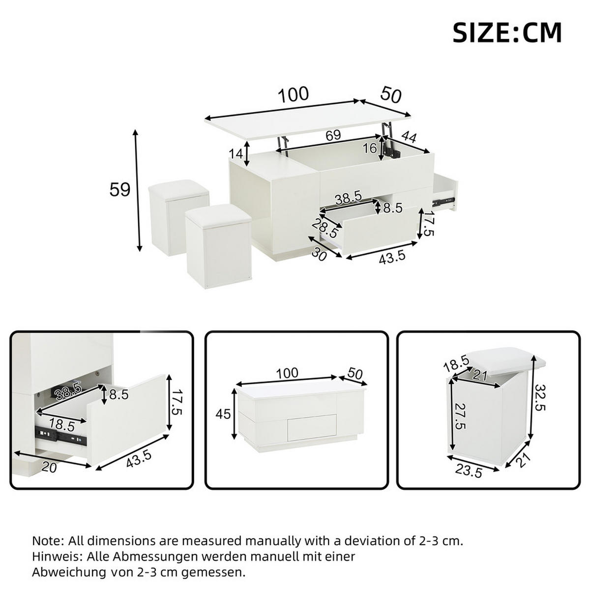 COUCHTISCH 100x50cm Weiß Höhenverstellbar LED 4in1 2 Schubladen 50kg - Weiß, Holz (62.76/50.8/20.32cm) - FLIEKS