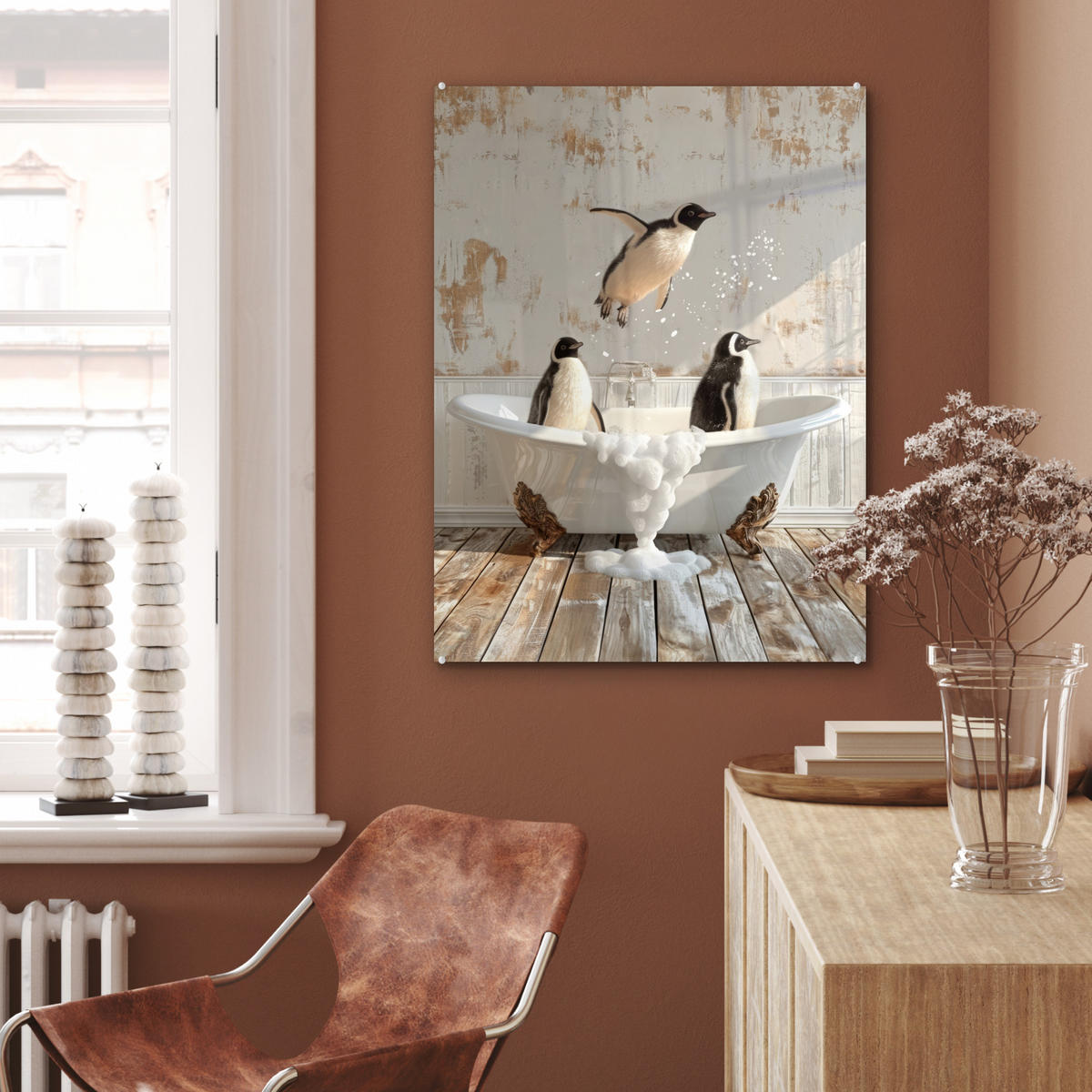 ACRYLGLASBILD Vintage - Pinguin - Badewanne - Schaumstoff 60x80 cm - Schwarz, Glas (60/80cm) - MuchoWow