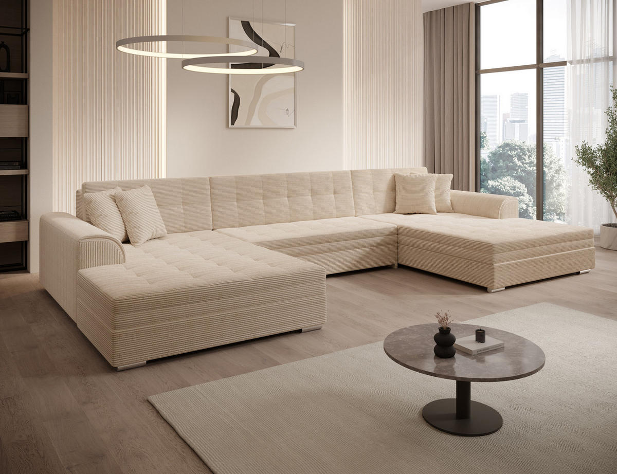 WOHNLANDSCHAFT VENTO U-Form – Großzügiges Ecksofa mit Schlaffunktion & Kissen 359 cm - Beige, Kunststoff (359/165cm) - Wohnideebilder