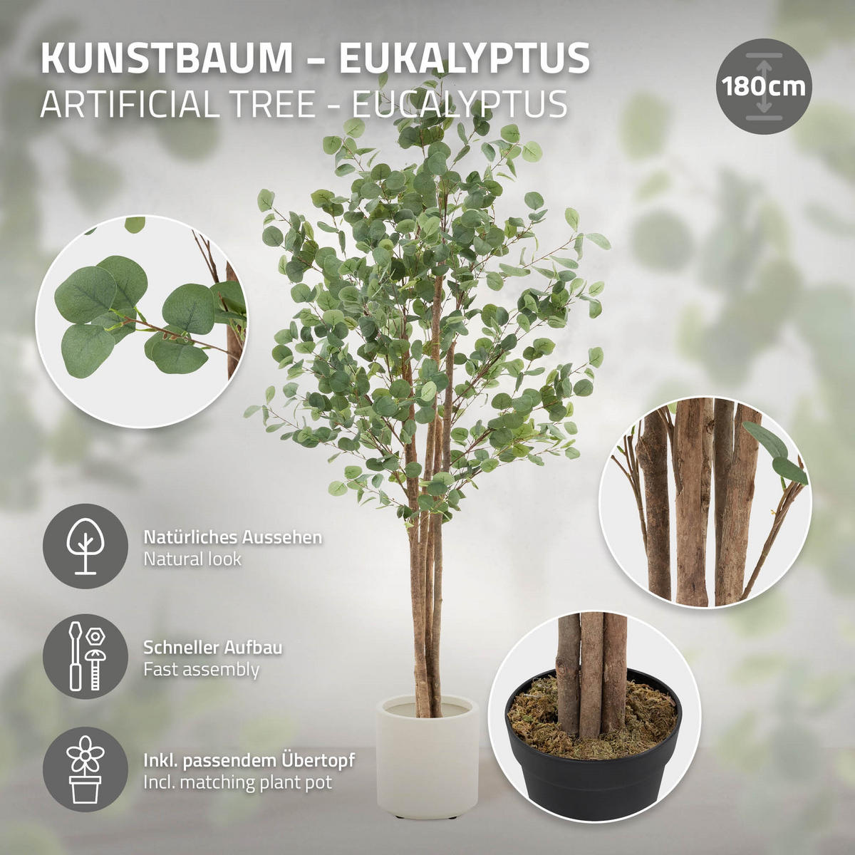 KUNSTPFLANZE Eukalyptus - Anthrazit/Grün, Holz/Kunststoff (180cm) - ML-DESIGN