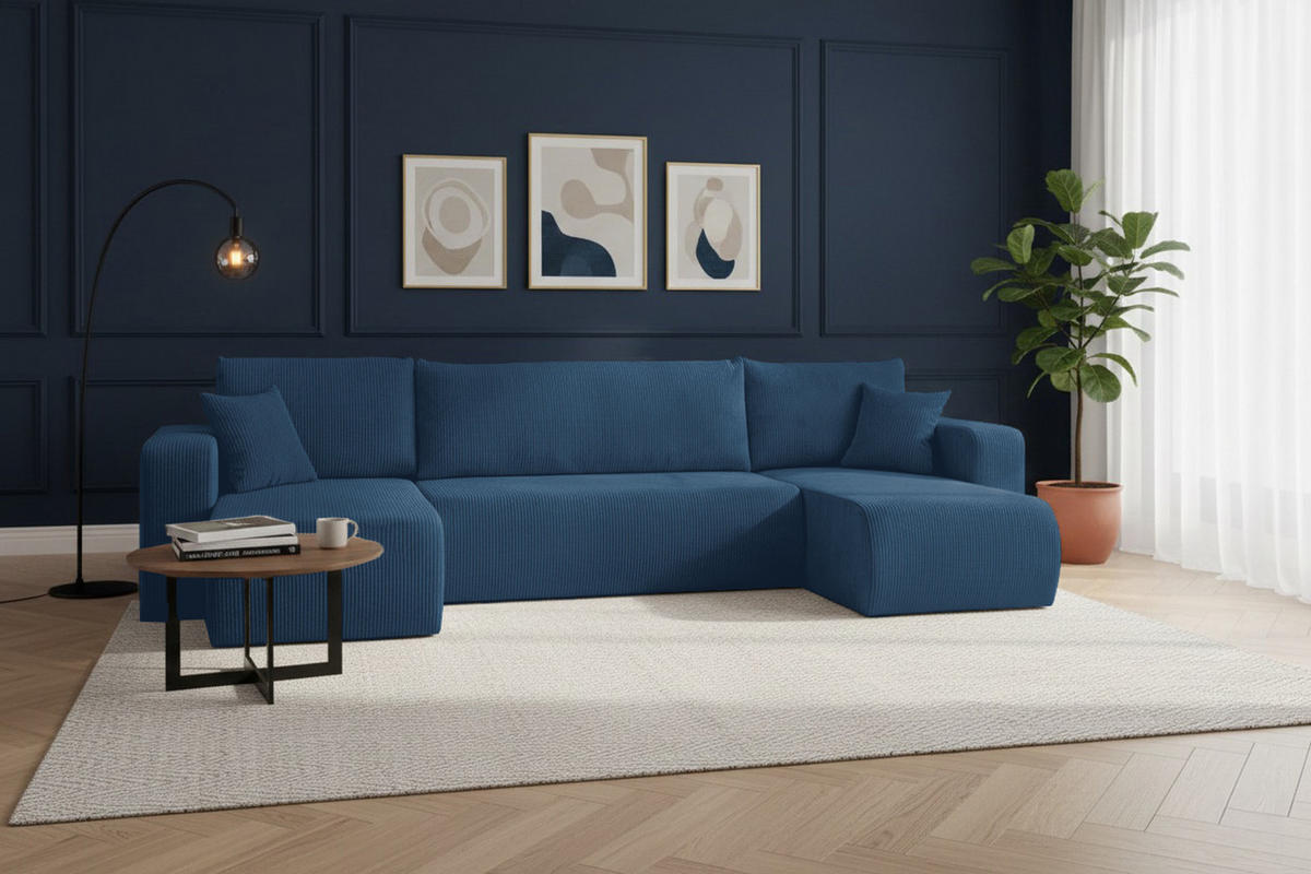 WOHNLANDSCHAFT LUNA U-FORM mit Schlaffunktion und Bettkasten (Blau) - Blau, Textil (312/83/142cm) - VENASI MÖBEL