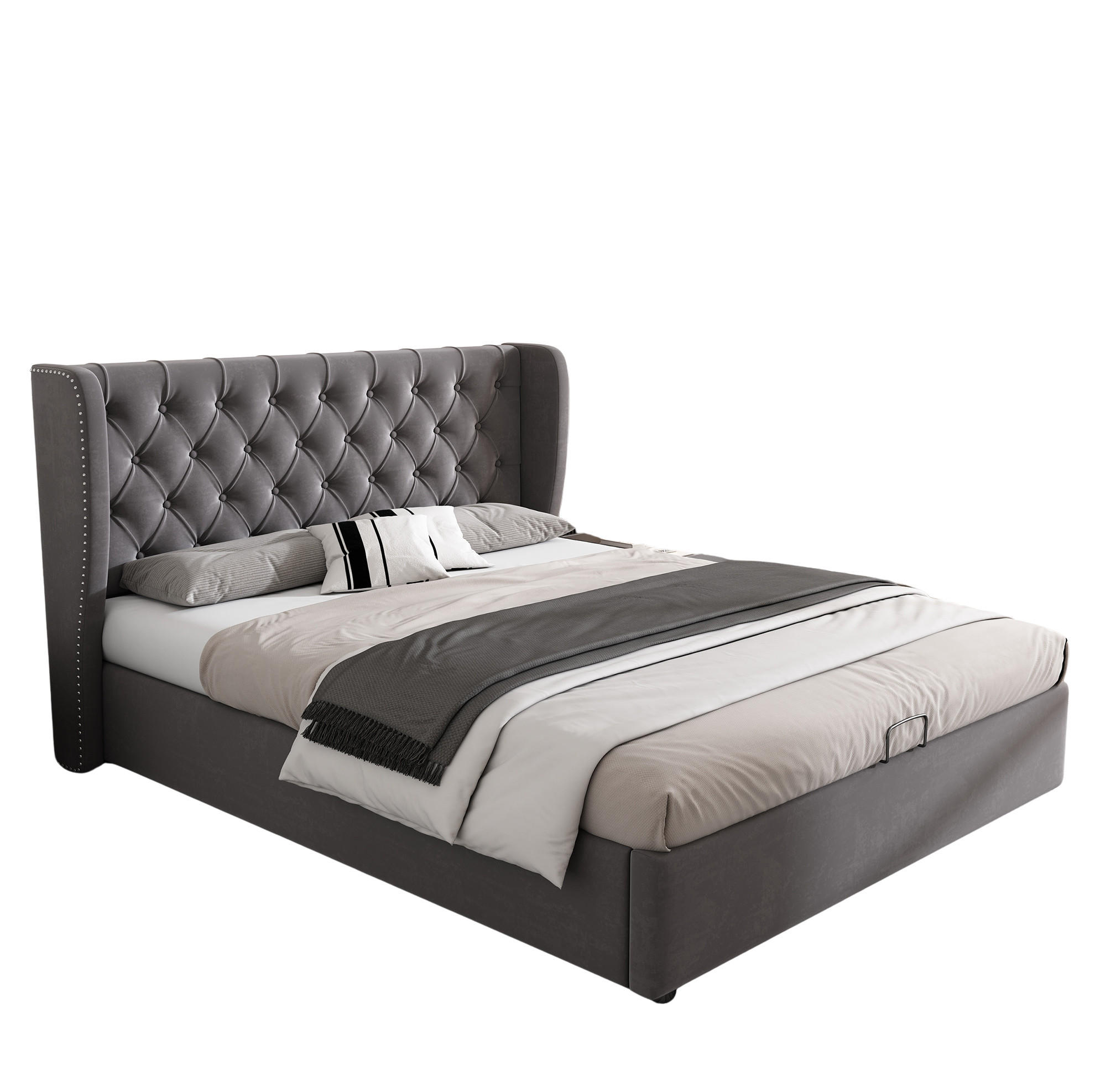 POLSTERBETT 140/190 cm mit hydraulischem Bettkasten, Samtbezug und Nieten-Design, Grau - Grau, Textil (140/190cm) - Redom