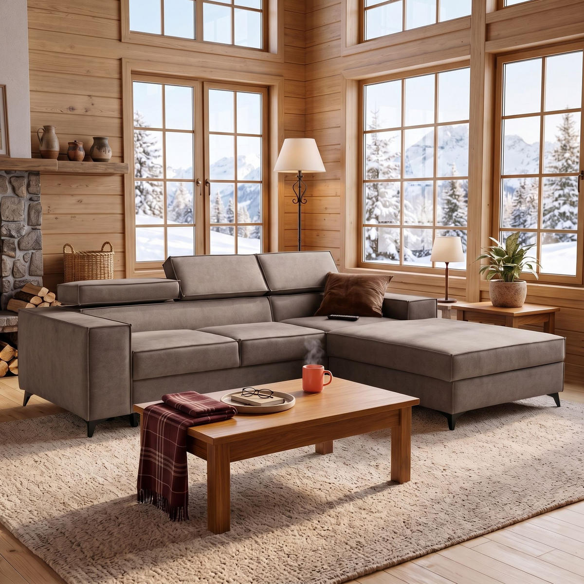 ECKSOFA PURE S Rechts mit Schlaffunktion 127x215 Velours Beige - Beige/Schwarz, Holz/Textil (204/281cm) - Muffo