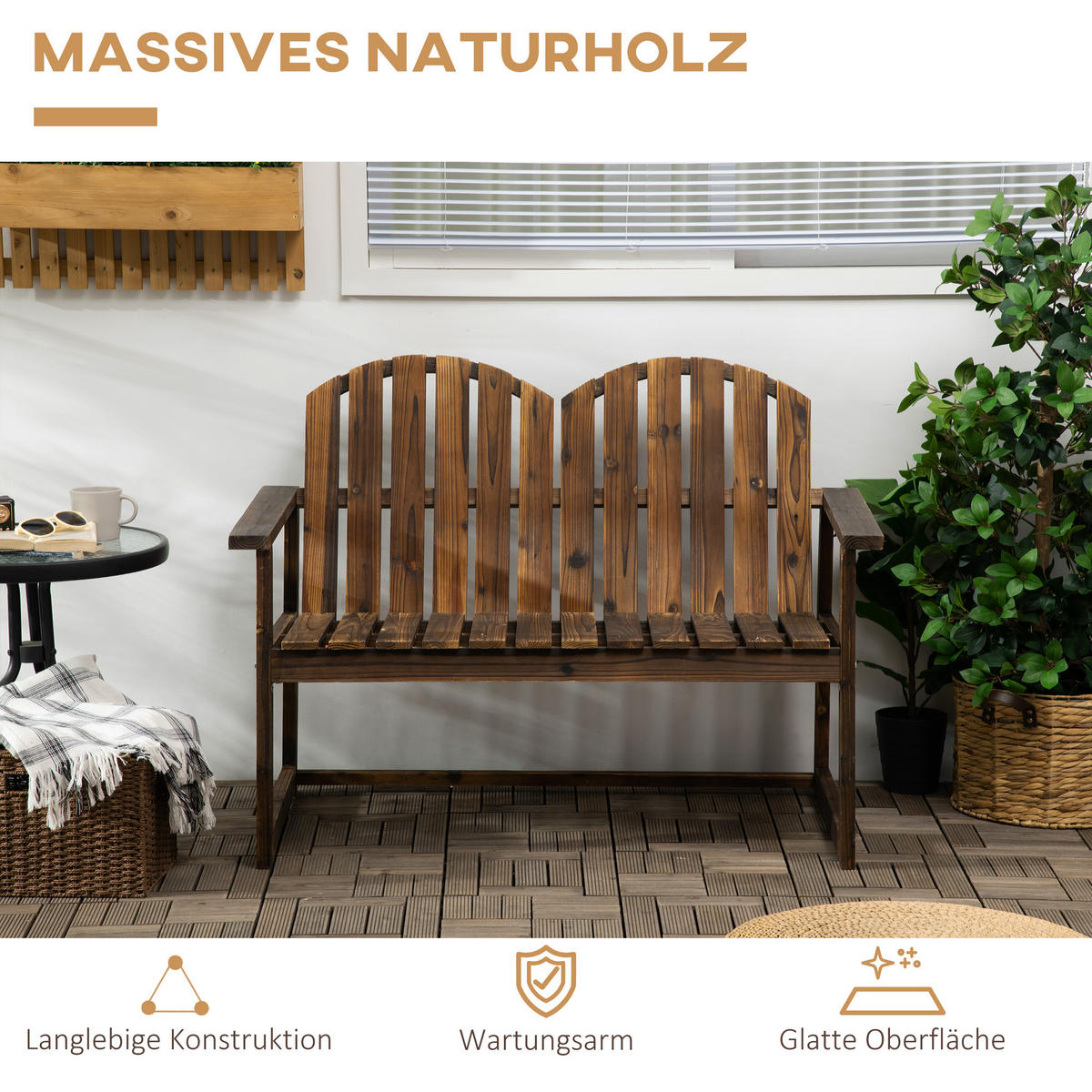 GARTENBANK, 2-Sitzer Sitzbank, Holzbank mit Rückenlehne, Armlehne, Parkbank, Verkohlt - Dunkelbraun, Holz (63/86/114cm) - Outsunny