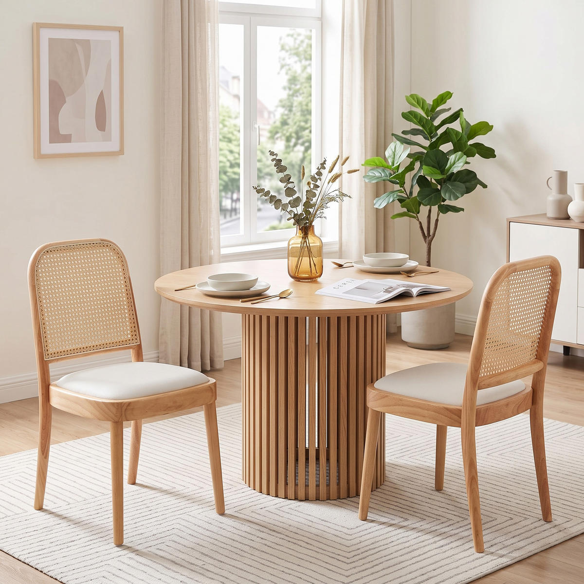 ESSZIMMERSTÜHLE 2er-Set Massivholz mit Rattan-Lehne & Leinen Holzfarbe - Naturfarben, Holz (52/84/45cm) - Urban Meuble